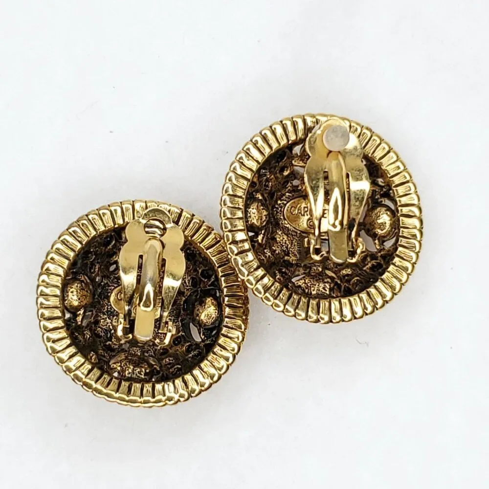 Vintage Carolee Earrings Faux Pearl Filigree Statement Gold Tone Clip On